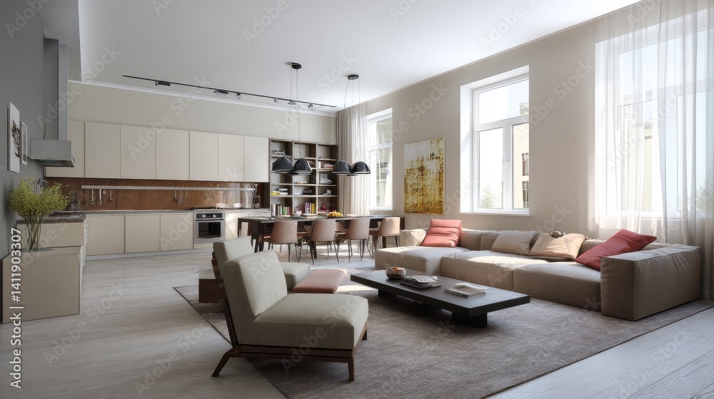 Interior of studio, living room and kitchen with open space. A large sofa with an armchair and a beautiful large minimalist kitchen. 3d rendering. 3D Illustration