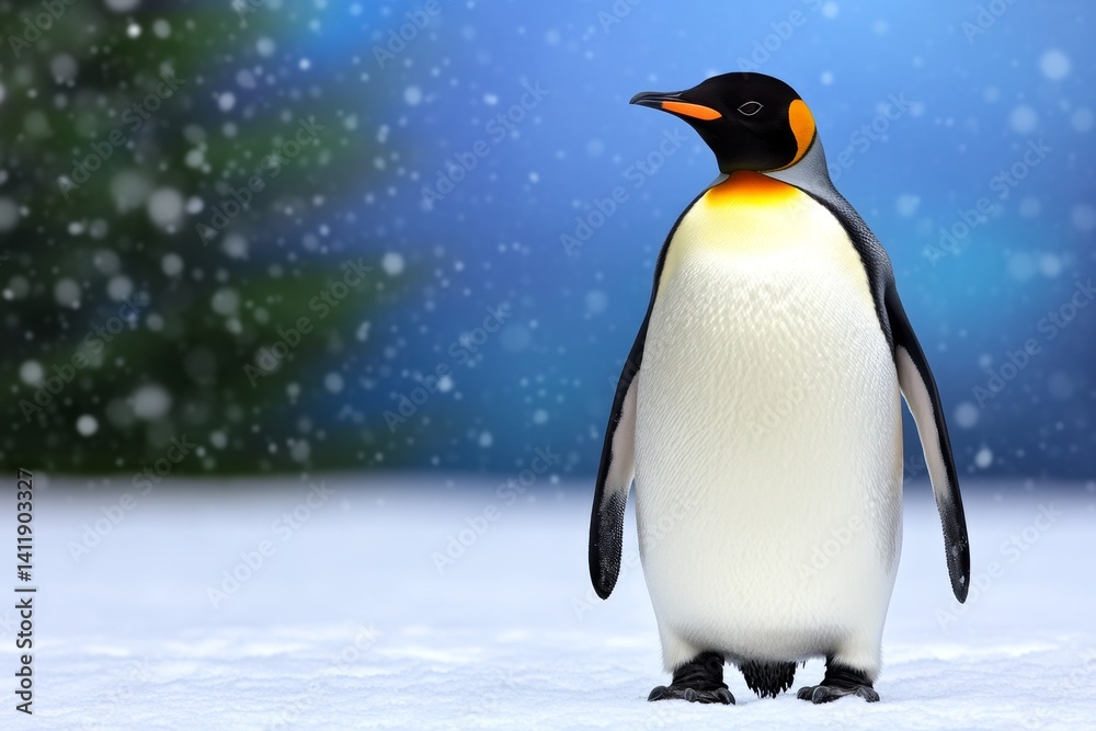 Obraz premium A lone penguin standing under a soft snowfall, its black and white feathers dusted with snowflakes