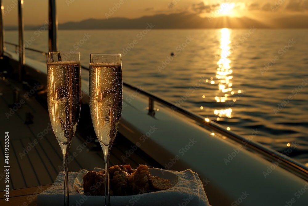 Obraz premium Champagne flutes on yacht at sunset