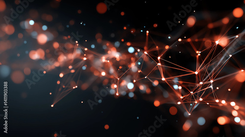 Abstract Red Digital Background Featuring Network Connections with Glowing Dots and Connecting Lines on a Black Background