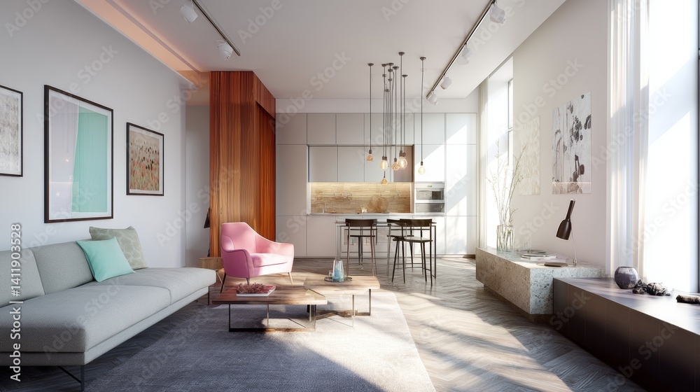 Interior of studio, living room and kitchen with open space. A large sofa with an armchair and a beautiful large minimalist kitchen. 3d rendering. 3D Illustration