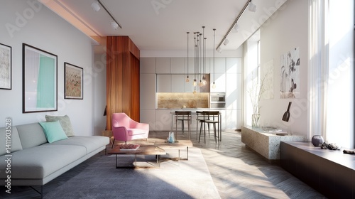 Obraz na płótnie Interior of studio, living room and kitchen with open space. A large sofa with an armchair and a beautiful large minimalist kitchen. 3d rendering. 3D Illustration w salonie