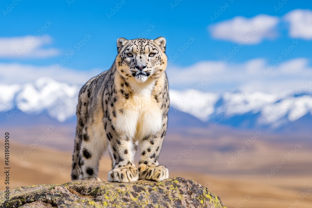 Naklejka premium A majestic snow leopard (Carnivora) standing on a high-altitude rocky ledge, gazing over the frozen landscape