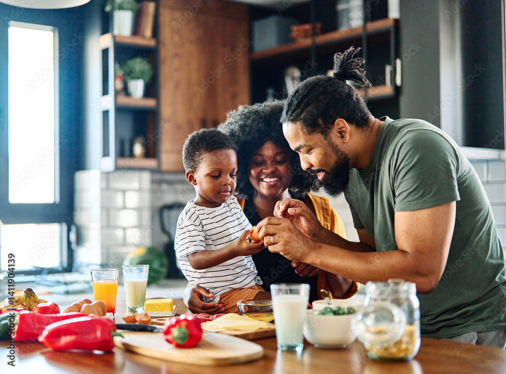 child family kitchen food boy son mother father breakfast preparing egg morning healthy diet eating home black african american father cooking, parent, cute, meal