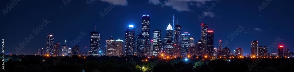 Fototapeta premium Dramatic Houston skyline at night, illuminated skyscrapers, scene, night view