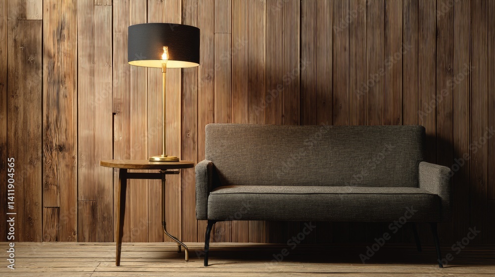 Stylish night lamp on wooden table and sofa in room. Interior design