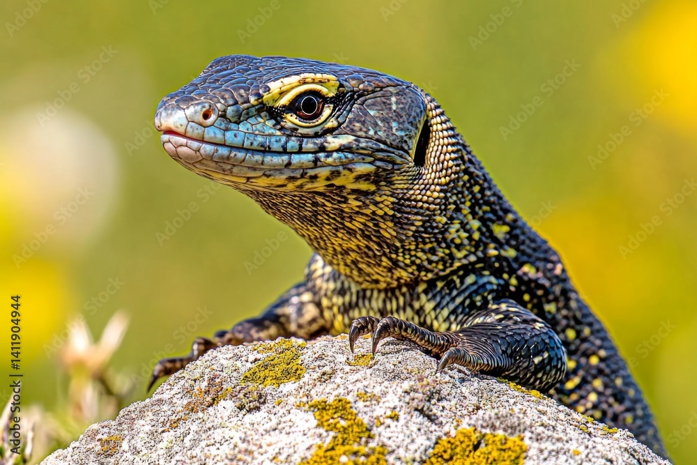 Obraz premium A monitor lizard sunbathing on a rock, its forked tongue flicking out to sense its surroundings (Reptile)