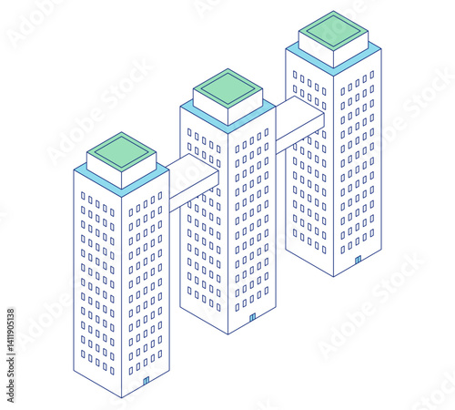 Simple building isometric illustration. Iconic illustration of three high-rise apartment buildings connected by a connecting bridge.