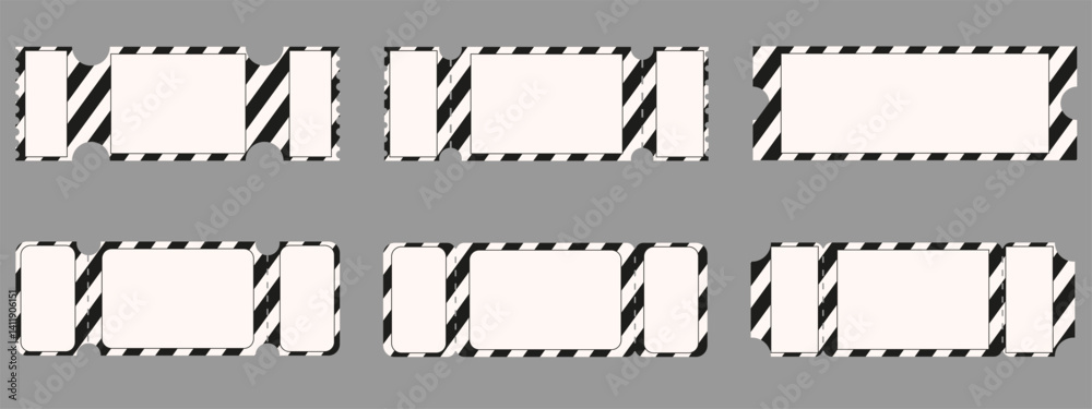 Obraz premium Set Goth style Ticket with black stripes isolated background. Gothic Ticket collection vector illustration. Perfect dramatic Ticket pack. EPS 10