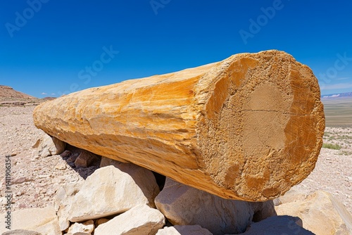 A petrified tree trunk with fossilized bark, frozen in time with detailed textures
