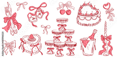 Hand drawn coquette aesthetics elements. Cute girly bows, hearts, cake, locket, champagne pyramid, cherry, candle. Vintage cute symbols for  wedding, invitation, birthday card. Vector illustration