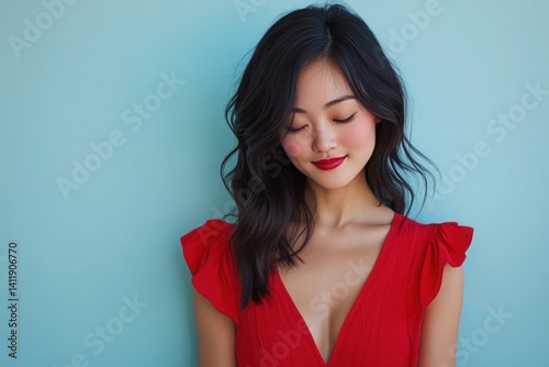 A young Asian woman wearing a bright red dress looks down with a demure smile against a light blue background.