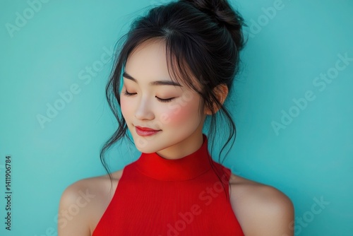 A young Asian woman wearing a bright red dress looks down with a demure smile against a light blue background.