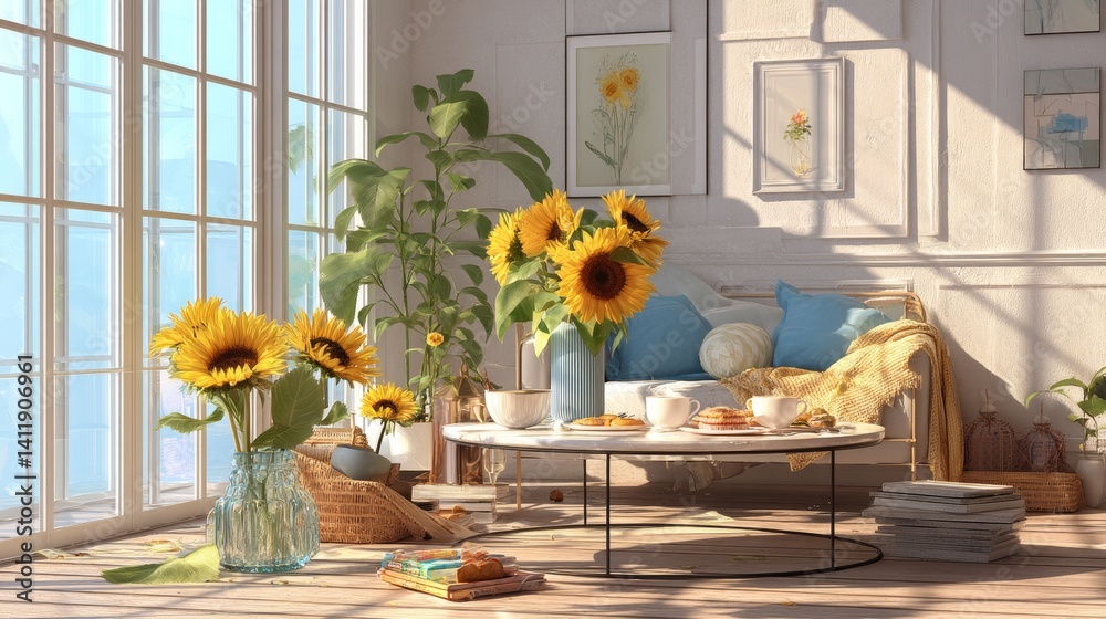 Interior of living room with sunflowers in vase and breakfast on table