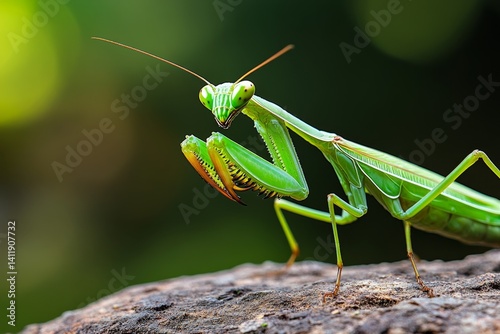 A praying mantis striking a defensive pose, its forelegs raised in anticipation (Insect)