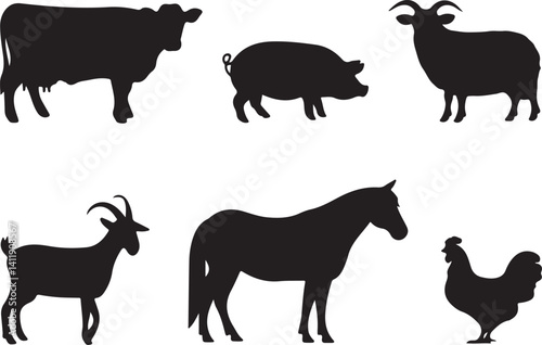 A black silhouette illustration of six common farm animals arranged in two rows on a white background