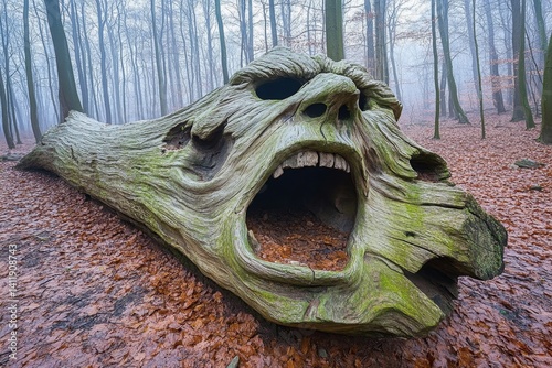 A shadowy forest where the bark of ancient trees forms eerie, twisted faces that seem to whisper in the wind