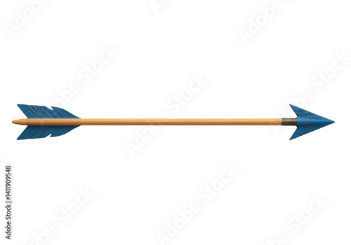 Isolated blue arrow with wooden shaft on transparent background