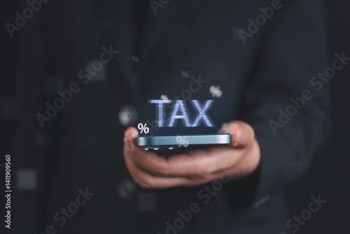 Finance executive reviewing virtual dashboard of global tax rates and financial losses linked to trade disruptions and economic instability