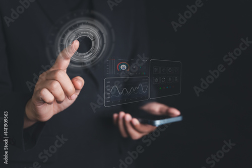 Interactive scene showing business professional analyzing virtual tax data, revenue impacts, and international policy changes amid market uncertainty