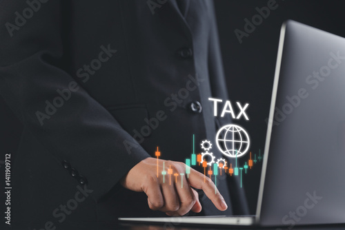 Real-time business scene featuring executive analyzing key tax metrics, global trade reports and financial planning strategies