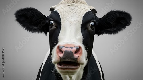 Close-up of a surprised-looking black and white cow. Funny farm animal portrait