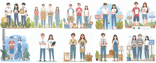 Young People Working and Interacting in Diverse Roles Illustration Set

