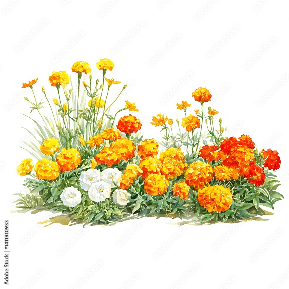 Obraz premium Vibrant Marigold and White Flower Garden Illustration. A detailed watercolor painting of a lush garden bed brimming with orange and yellow marigolds and delicate white flowers.