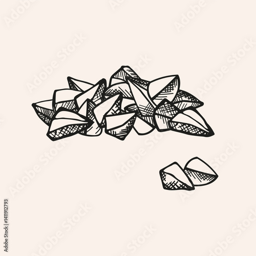 Engraved Pile of Buckwheat seeds on isolated background. Hand drawn vector set with sketch of buckwheats fruits. Grain harvest, agriculture, healthy food, carbohydrate, porridge, tea. Design element