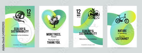 Hand drawn eco-friendly event poster set promoting ecology. Perfect for green projects and exhibitions. Vector sketch illustrations