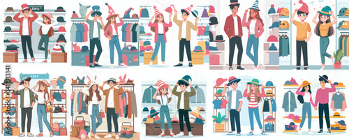 Young People Shopping and Trying on Hats and Clothes Illustration Set

