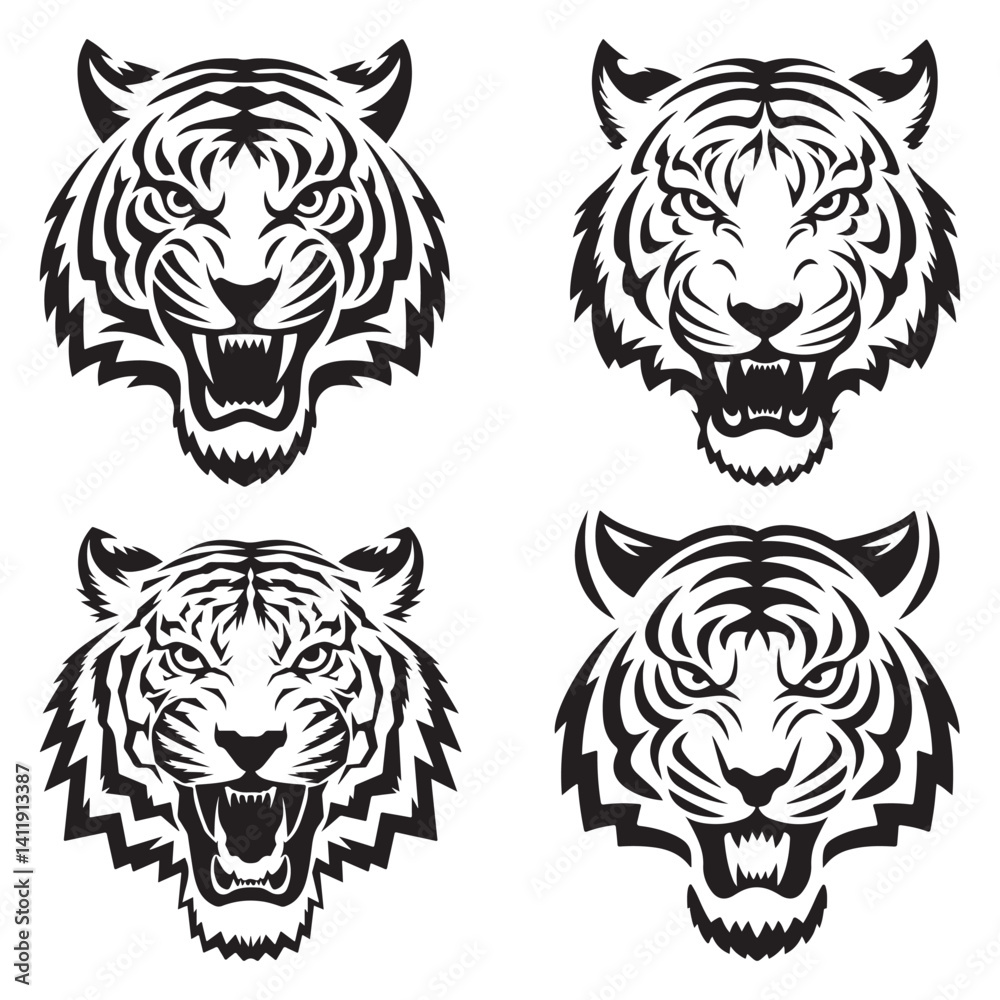 Fototapeta premium Tiger head roaring - Black and white vector illustration 