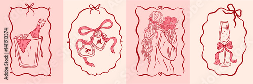 Vintage wedding ceremony coquette illustrations. Hand drawn whimsical greeting cards. Bride with bouquet of flowers, champagne, locket for party invitations, menus. Ink doodle sketch style