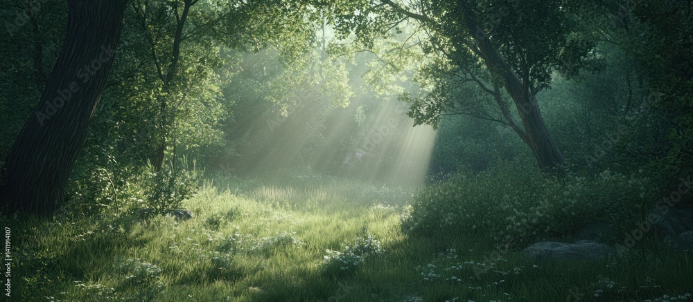 Fototapeta premium Sunlight streams through the lush green foliage in a forest scene