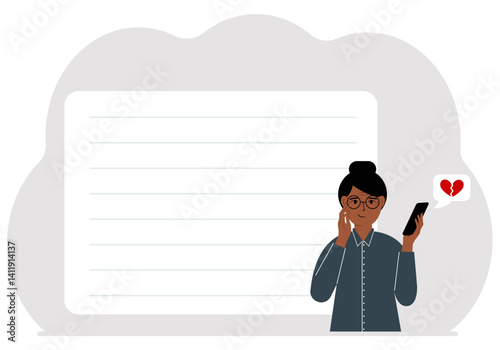 Woman reading a message on his mobile phone. Message with a broken red heart. Vector