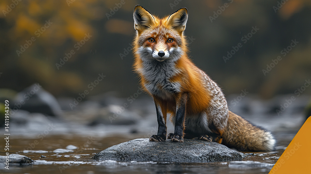 Fototapeta premium Red fox standing alert on rock in shallow water