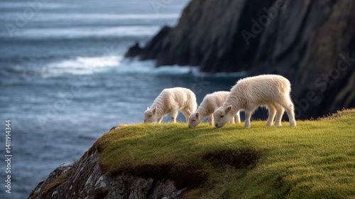 Cute baby sheep on a clifftop overlooking the sea in the Shetland islands - Hermaness NNR,Unst,Shetland Islands, Scotland, United Kingdom
