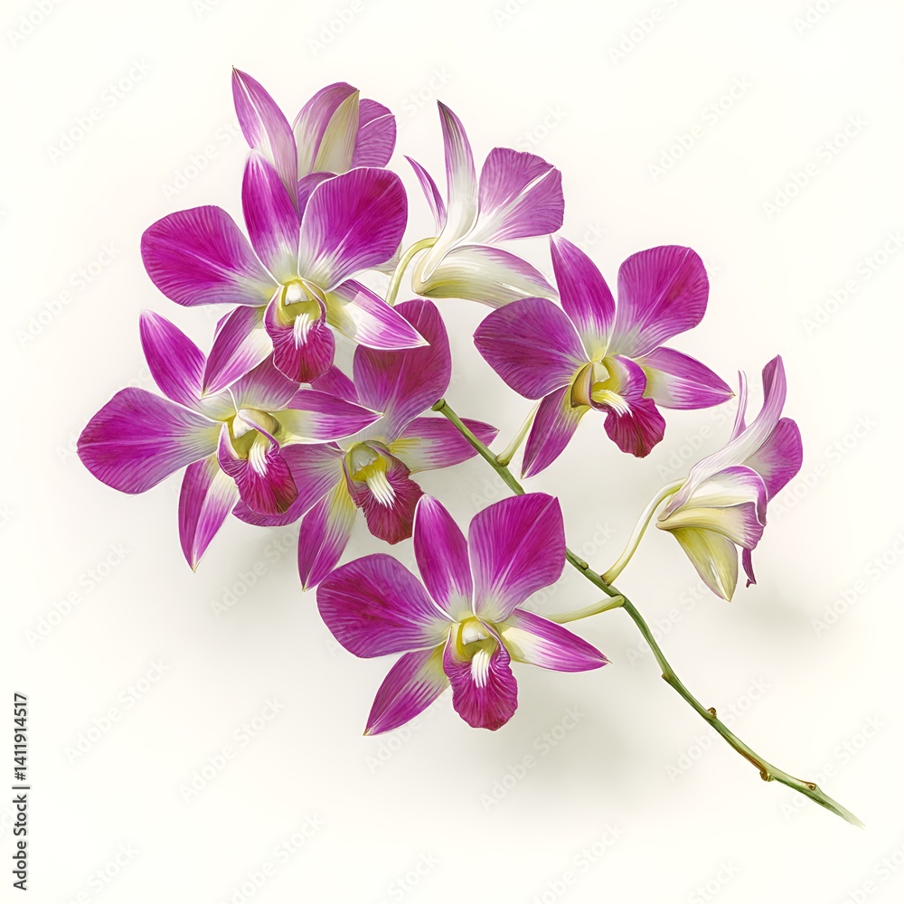 Close Up of a Branch of Purple and White Orchids on White Background. Close Up of a Branch of Purple and White Orchids on White Background.