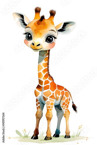 charming watercolor painting of a cute baby giraffe in a whimsical style, with expressive eyes and warm fur. Kids design
