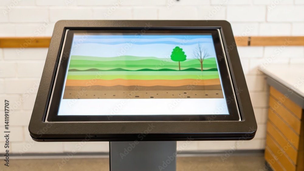 Fototapeta premium Interactive touchscreen display showing layered landscape illustration.
