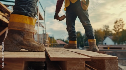 A laborer inspecting building materials at a construction site. Featuring attention to quality and safety