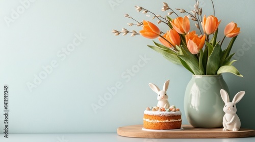 Wallpaper Mural Orange tulip bouquet in ceramic vase with Easter cake and white bunny figurines Torontodigital.ca