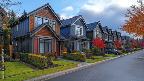 Row of newly built family homes in quiet residential area