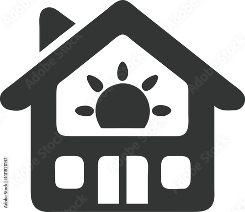 Abstract House Icon with Sun Element Silhouette on Transparent Background Design