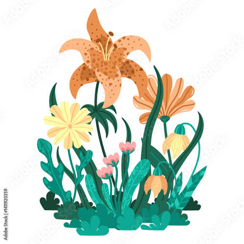 Vector illustration of wild garden flowers and foliage. Large spotted lily with yellow, orange, and pink blooms. Botanical scene in flat cartoon style. Great for invitation, poster, and packaging