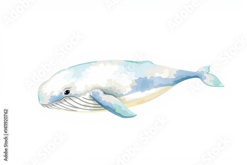 watercolor painting of friendly blue whale swimming, light blue body, yellow underbelly. concept of marine life, wildlife, ocean. artistic, colorful, illustration, nature.