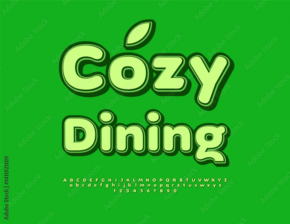 Naklejka premium Vector Culinary sign Cozy Dining. Cute Green Font. Vintage style Alphabet Letters and Numbers set.