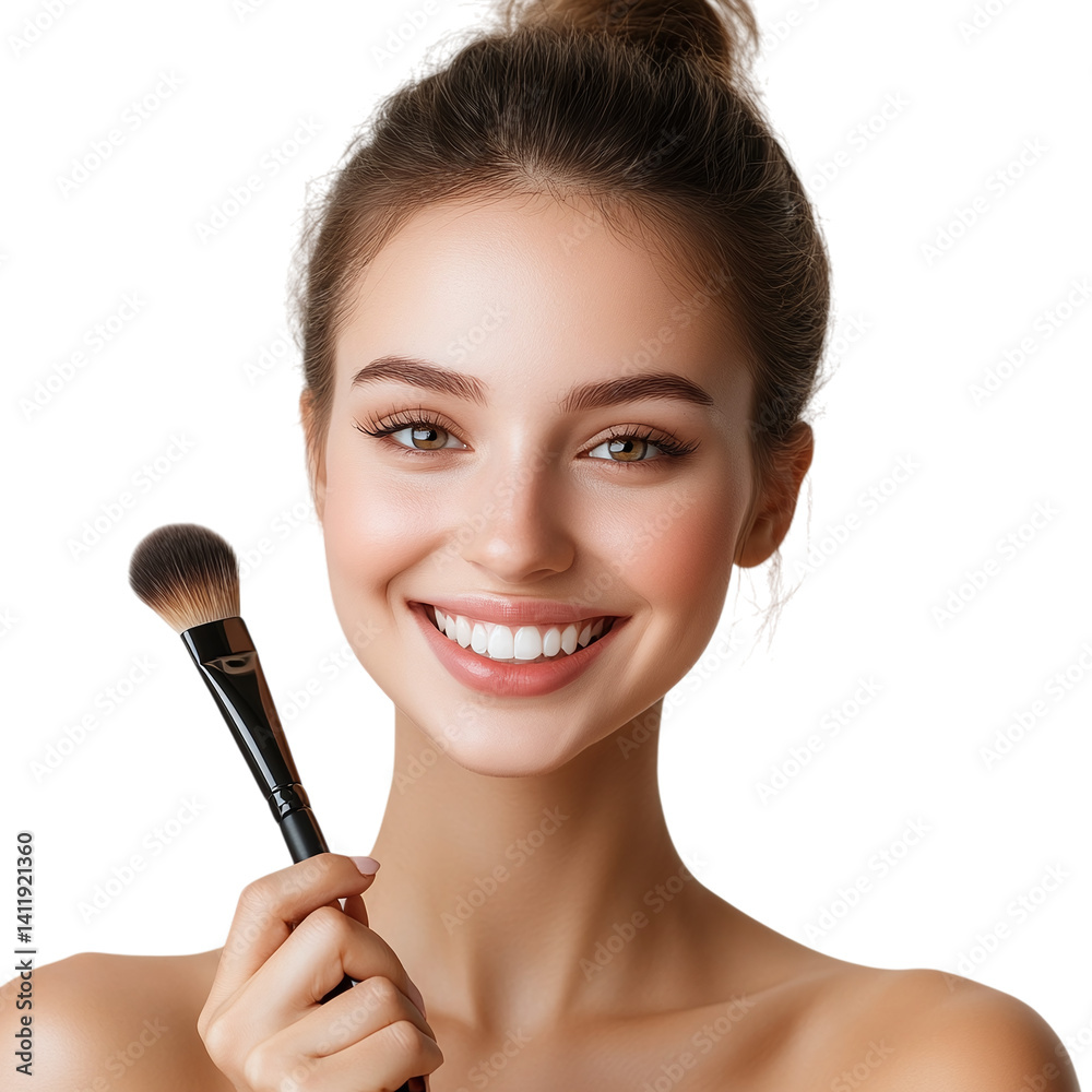 Woman applying makeup with a brush and a radiant smile isolated on a transparent background Woman applying makeup with a brush and a radiant smile isolated on a transparent background