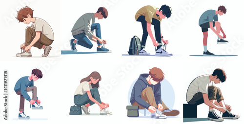 Vector of a teenager tying shoelaces