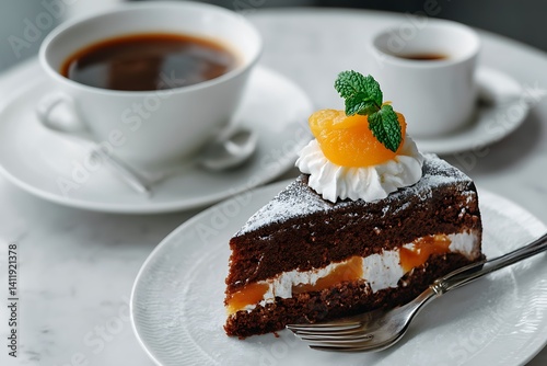 Chocolate Sacher cake with apricot jam on cafe plate  
